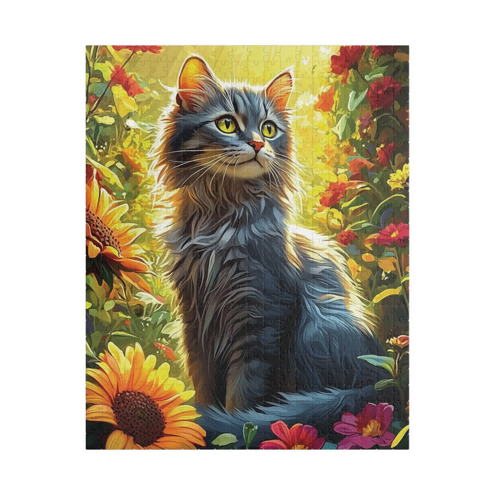 Jigsaw Puzzle - Serene Cat in Colorful Garden, 252/520/1014 Pieces, Sunflowers, Tranquil Nature Scene, Detailed Vibrant Design